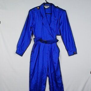 Vintage Joan Walters Jumpsuit Romper 1980s Blue Size 8 Belted